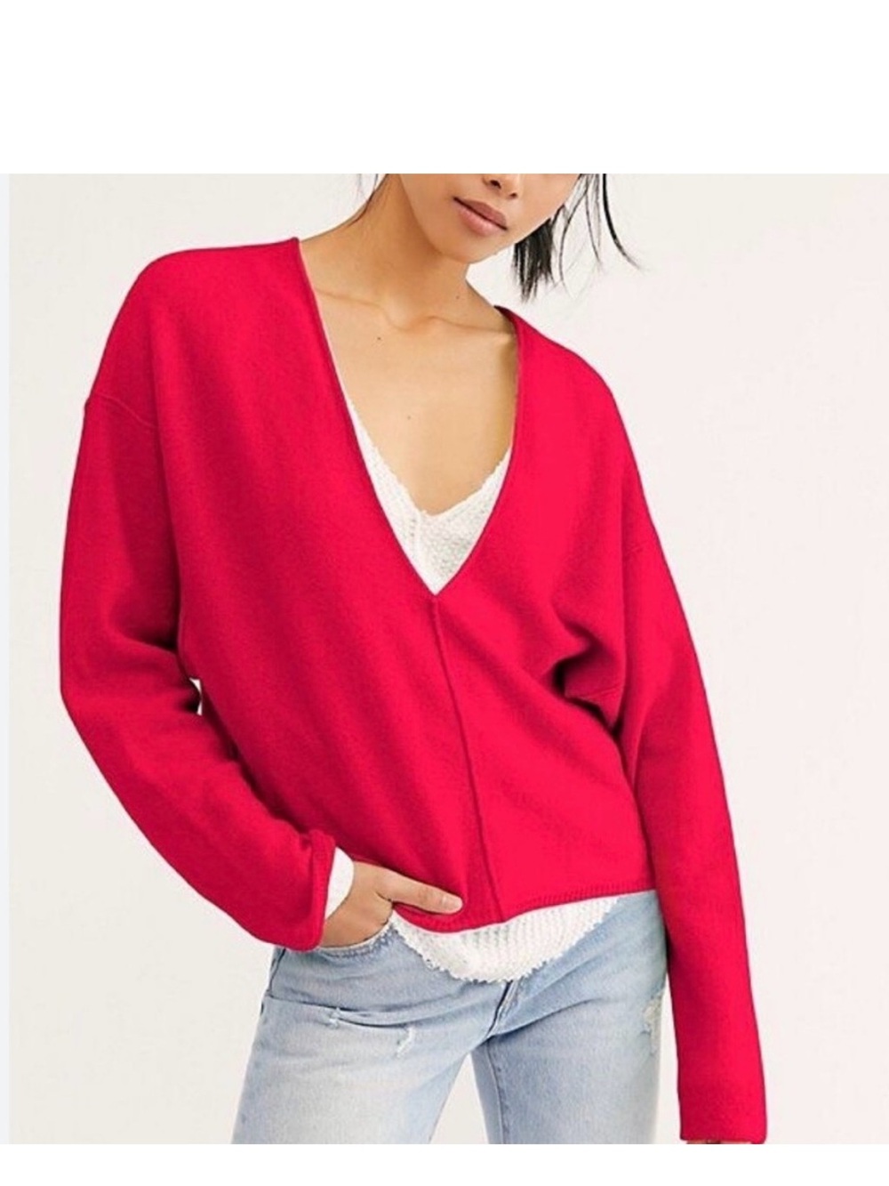 Free People 100% Cashmere Deep V-Neck Dolman Sleeve Sweater Pink Small